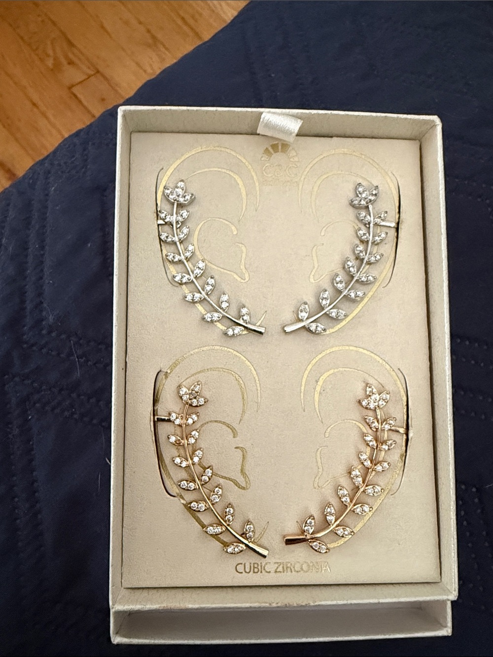 Leaf Vine Ear Crawler Earrings - Gold and Silver with Cubic Zirconia 2 pr